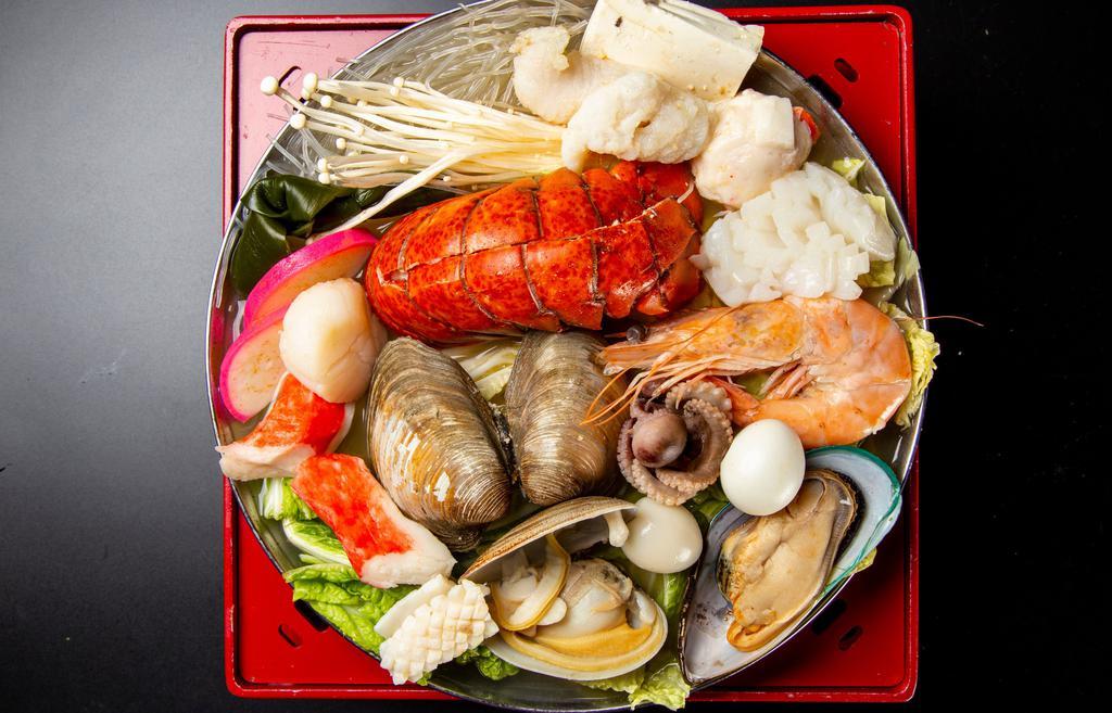 Dn. Seafood Hot Soup · Lobster, scallop, cherrystone clam, shrimp, fish filet, calamari ring, octopus, kamaboko, lobster, meatball, mussel, quail egg, imitation crab meat, kelp, enoki mushroom, soft tofu, vermicelli.
