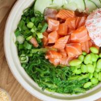 Salmon Supreme · Salmon, crab salad, seaweed salad, red & green onion, cucumber, edamame, sriracha aioli, cit...