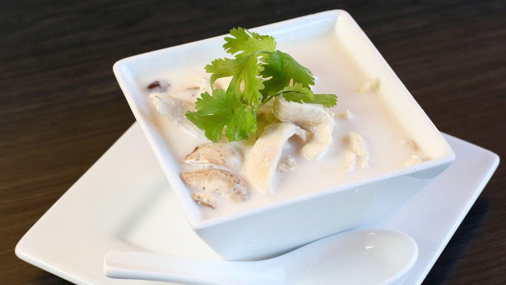 Tom Kha (Bowl) · Coconut milk soup with galangal, kaffir lime leaves, mushroom, and lemon juice.