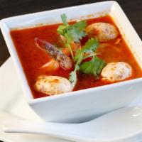 Tom Yum (Bowl) · Spicy-sour lemongrass soup with galangal and kaffir lime leaves. Served with mushroom, tomat...