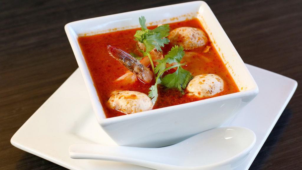 Tom Yum (Bowl) · Spicy-sour lemongrass soup with galangal and kaffir lime leaves. Served with mushroom, tomato, cilantro, and lemon juice.