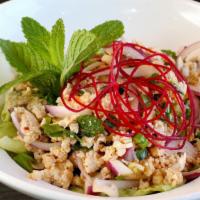Larb Chicken · Minced chicken mixed with red onion, mint leaves, cilantro, toasted rice powder, tossed in T...