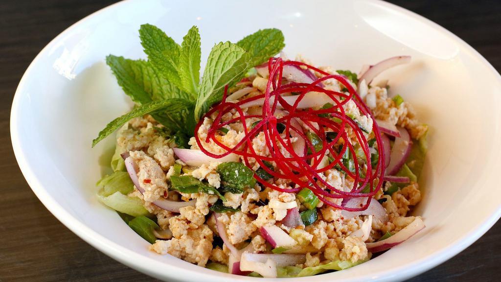 Larb Chicken · Minced chicken mixed with red onion, mint leaves, cilantro, toasted rice powder, tossed in Thai chili and lemon dressing.