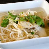 Chicken Noodle soup · Sliced chicken breast, bean sprout, spinach, green onion, cilantro, toasted garlic and rice ...