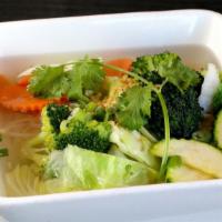 Tofu & Vegetable  noodle soup · Soft tofu and assorted of vegetables, green onion, cilantro, toasted garlic, and rice noodle...
