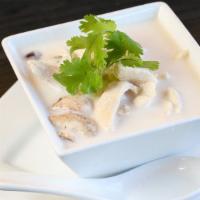 Tom Kha Noodle soup with chicken · Coconut soup, bean sprout, mushroom cilantro, galangal, chicken with rice noodle.