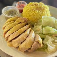 R1. Hainan Chicken with Yellow Rice · Comes with house-made ginger sauce and chili sauce.