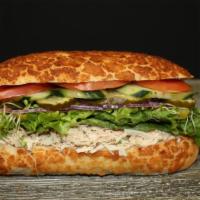 Chicken Salad · Served with mayo, lettuce, pickle, tomato, peppercini, sprout, onions and cucumber.