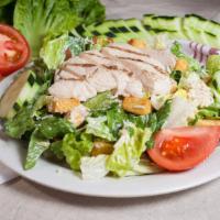 Chicken Caesar Salad · Romaine lettuce, crouton, parmesan cheese tossed with caesar dressing served with chicken br...