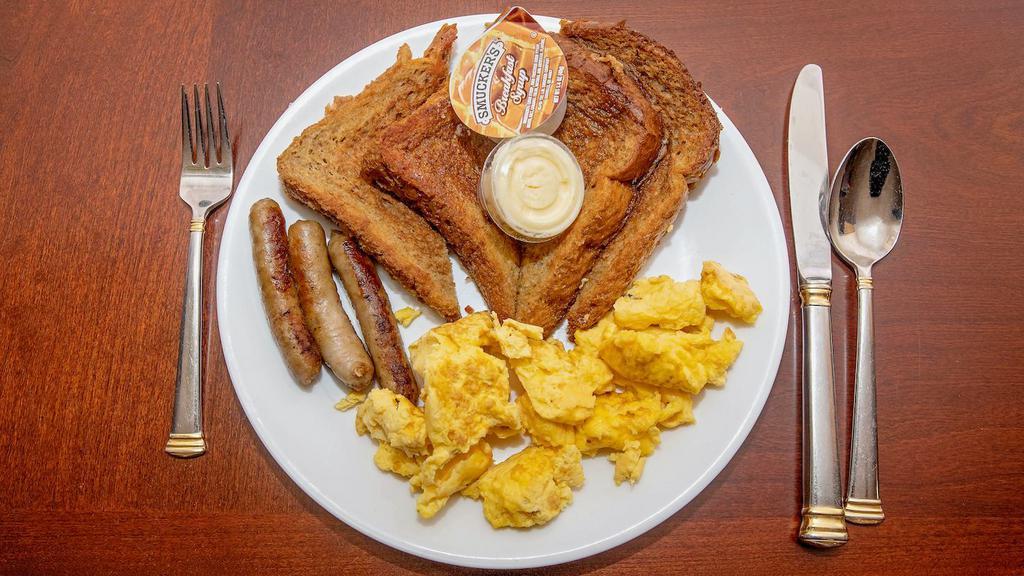 French Toast Combo · Served with bacon, sausage or ham served with two any style eggs.