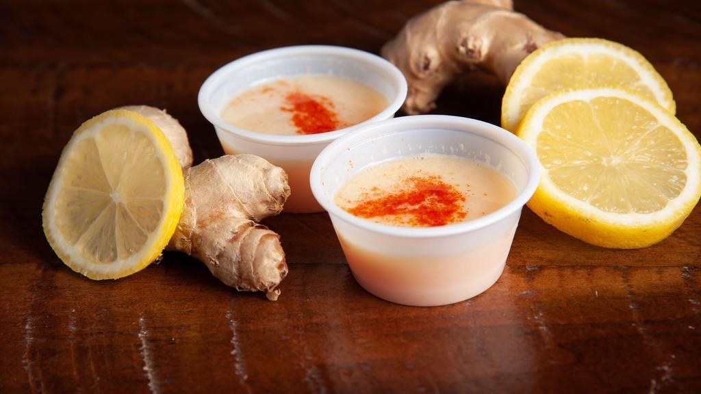Lemon Ginger Shot (2oz Container) · Cal. 31. Fresh lemon and raw ginger with a dash of cayenne.