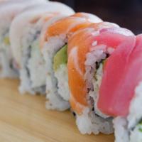 Rainbow · California roll, topped with a variety of fish-chef's choice.