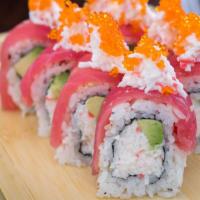 Golden Gate · CA roll-topped with tuna, crab meat, and tobiko.