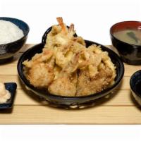 Seafood Tempura · Two pieces of shrimp, two pieces of oysters, calamari tempura, pollock tempura, and miso sou...