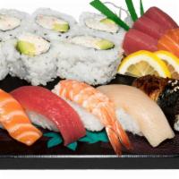 Sushi & Sashimi · Six pieces of CA roll, five pieces of nigiri (tuna, salmon, hamachi, ebi, unagi) and five pi...