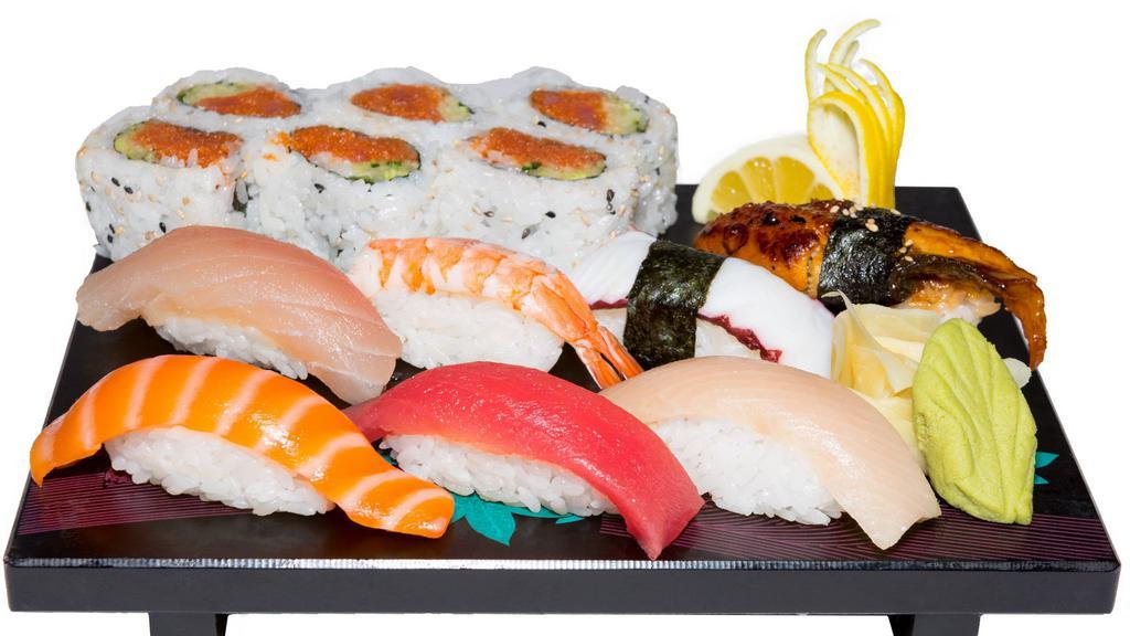 Deluxe Sushi Special · Six pieces of spicy tuna roll, seven pieces  of nigiri (tuna, salmon, hamachi, ebi, unagi, white tuna, and tako).