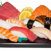 Nigiri & Sashimi Combo · Seven pieces of nigiri (tuna, salmon, hamachi, white tuna, tako, unagi, and ebi) and four pi...