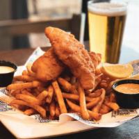 Beer-Battered Fish & Chips (3) · Beer-battered cod, fries, fresh lemon, sides of spicy ranch dressing and citrus jalapeño aio...