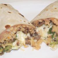 Veggie Burrito · Rice, beans, cheese, sour cream, guacamole, pico de gallo, lettuce, salsa.