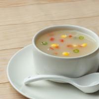 Sweet Corn Vegetable Soup · Soup made with finely chopped vegetables and sweet corn.
