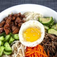 R1. Bi Bim Bab · Rice with carrot, zucchini, bean sprouts, fern, radish, cucumber, egg, and your choice of pr...