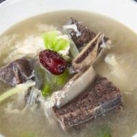 S5. Young Yang Gal Bi Tang · Nutritious beef short rib soup with glass noodle, jujube, and egg.