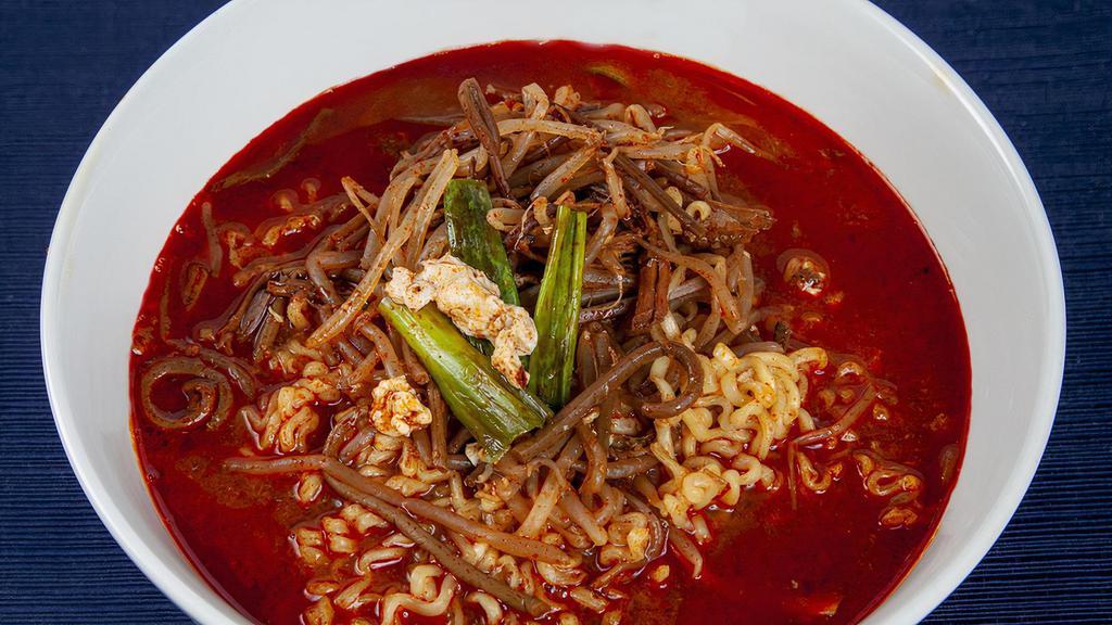N6. Yook Gae Jang Ramen · Medium spicy. Spicy ramen noodle soup with shredded beef, egg, and vegetables.