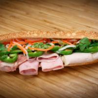 1). Combination · Steamed pork-roll, ham, headcheese, pate, house mayo, pickled veggie, white onion, cucumber,...