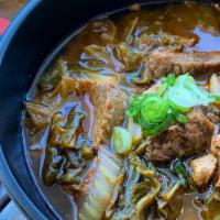 Hangover Soup, Haejangguk (16Oz) · The best korean hangover cure. Napa cabbage and beef in a hearty beef broth.