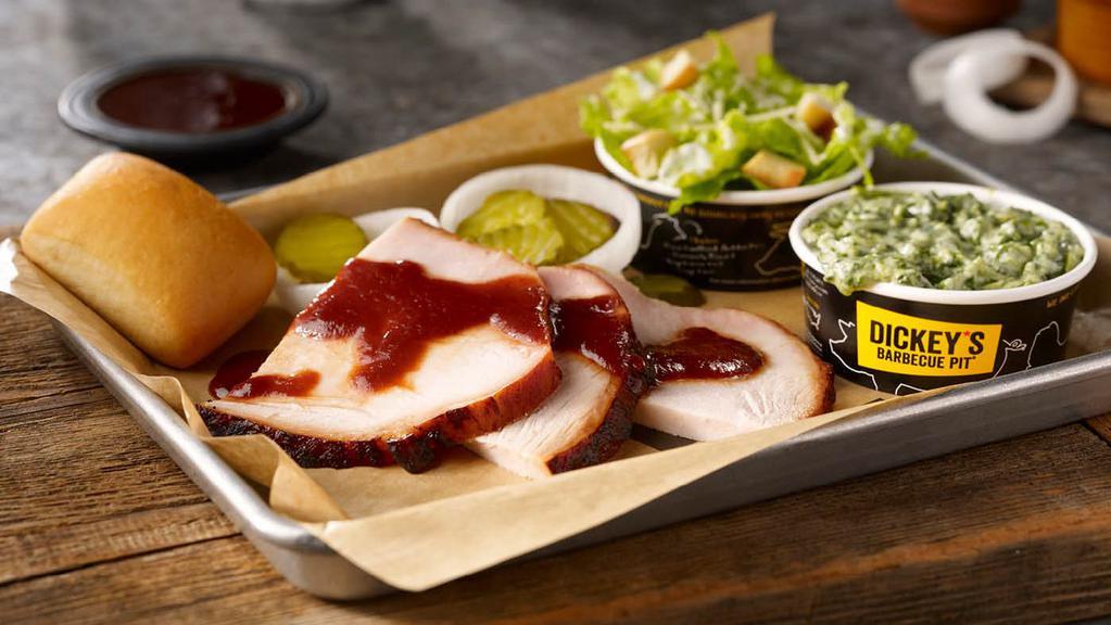 Turkey Breast Plate · Slow-smoked sliced turkey breast, served with 2 sides and a roll.
