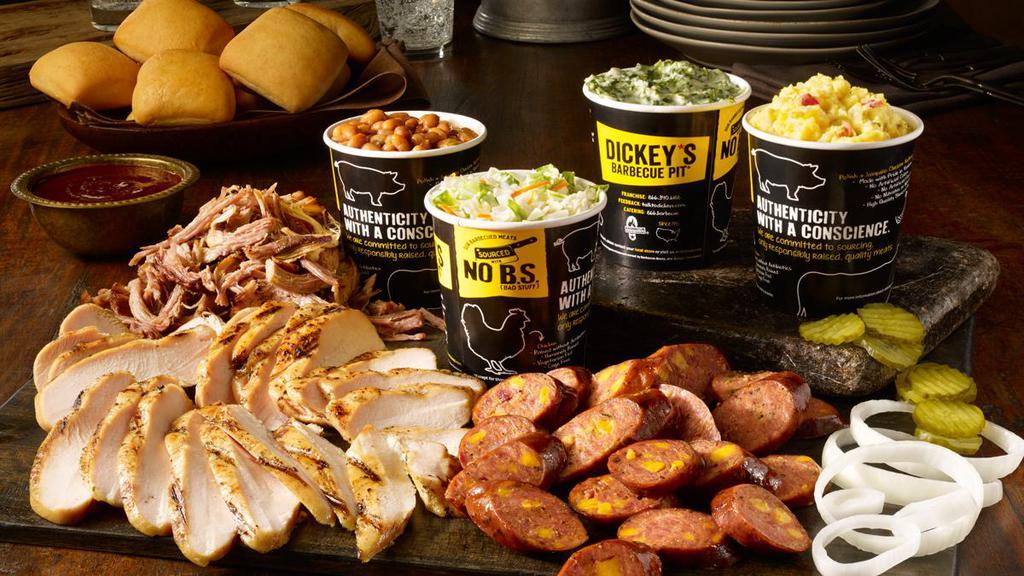 XL Pack  · Includes a choice of 3 meats ( 1lb, each) with 4 home- style medium sides, 8 rolls and barbecue sauce