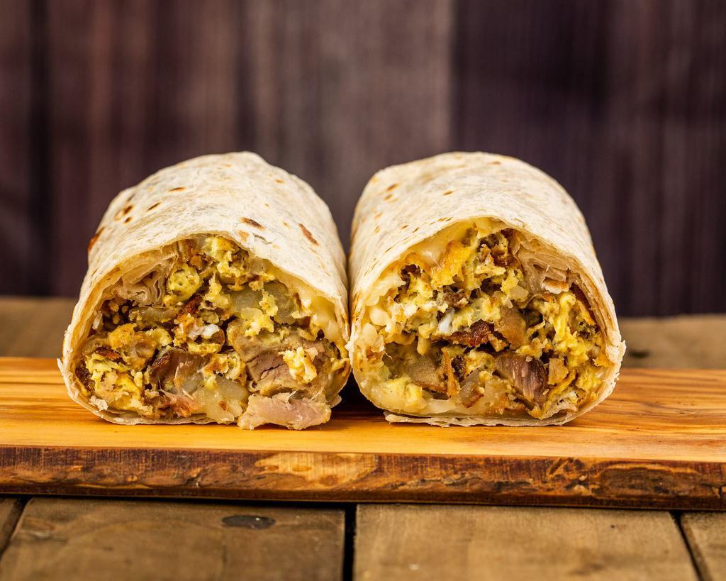 Carnitas Breakfast Burrito · A 14