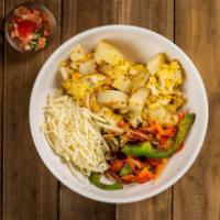 Veggie Breakfast Bowl · A bowl filled with grilled bell peppers and onion, potatoes, fluffy scrambled eggs, cheese, ...