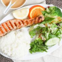 Salmon Plate · Grilled and salted salmon. Comes with rice, green salad and miso soup.