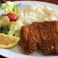Katsu Plate · Deep fried pork, tofu or chicken cutlet, rice,green salad and miso soup.