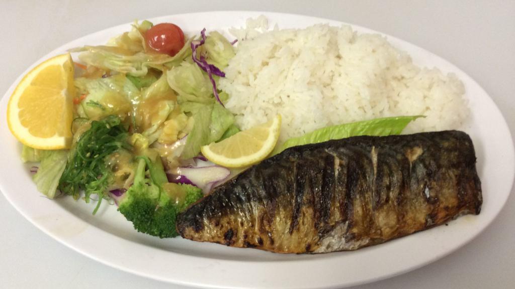Saba Shioyaki Plate · Grilled and salted mackerel. Comes with rice, green salad and miso soup.