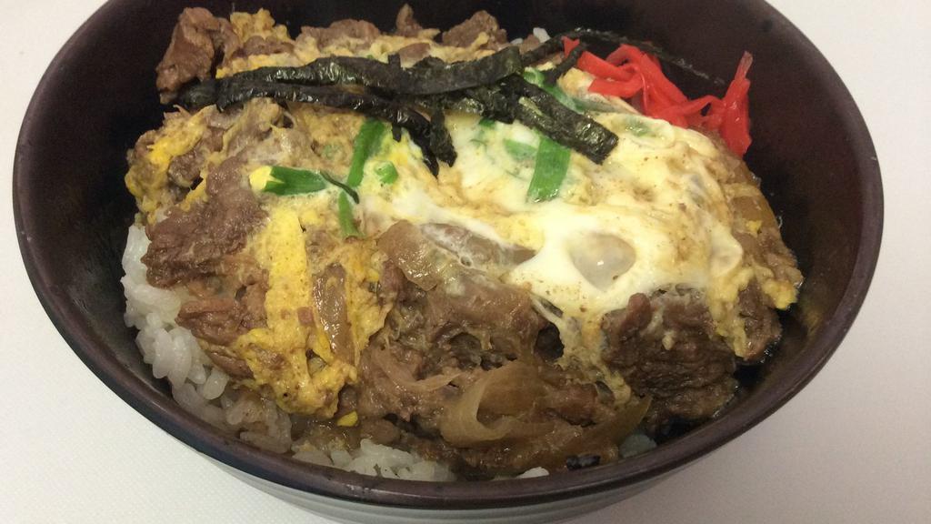 Beef Don · Sliced beef and onion with egg over rice