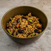Jerk Rice and Peas Side · 12 oz of  rice and peas with jerk spices and vegetable medley. Vegan and gluten free.