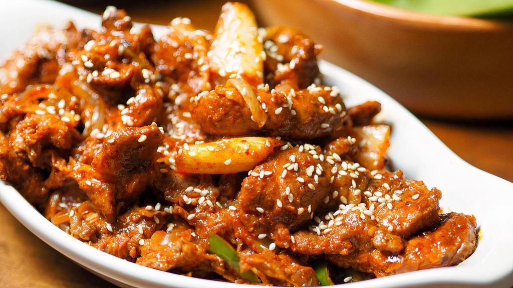22. Spicy Pork · Spicy. Premium pork marinated in Korean chili pepper sauce