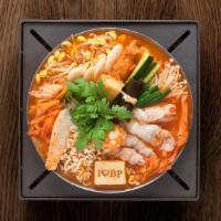 Korean Bean Paste Hot Soup · Assorted vegetables, pork belly, and seafood in a fermented soybean paste and kimchi broth, ...