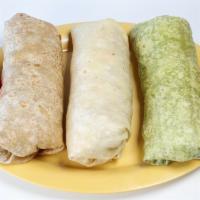 Super Burrito · Meat, rice, beans, cheese, sour cream, pico de gallo, guacamole.