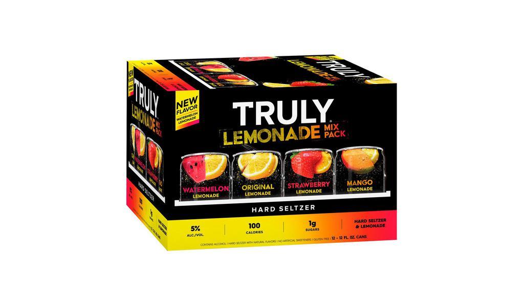 Truly Hard Seltzer Lemonade Variety Pack (12 Oz X 12 Ct) · Truly Hard Seltzer Lemonade Mix Pack is the perfect mix of refreshing hard seltzer and sweet lemonade for a drink that‚Äôs big on taste and light on calories and sugar. Truly Lemonade comes in four delicious flavors: Original Lemonade, Strawberry Lemonade, Watermelon Lemonade, and Mango Lemonade. Each 12oz. can of Truly has 100 calories, 5% alc./vol. and 1g sugars for refreshment that won‚Äôt weigh you down. Three 12 oz. cans of each flavor.