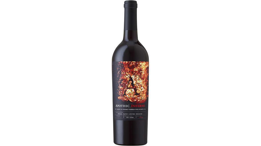 Apothic Inferno Whiskey Barrel Red (750 ml) · With the depth of a red blend and a fiery bite from whiskey barrel aging, Apothic Inferno is a Red Wine with a Whiskey Soul. Paying tribute to a time-honored craft, this wine has been aged for 60 days in whiskey barrels, creating bold notes of red and dark fruit with layers of maple and spice. Apothic Inferno delivers a rich red blend with curious intense taste. Apothic Inferno is first oak aged 2-4 months, then aged an additional 60 days in whiskey barrels to give a unique character to this special red blend. On the smooth, rich palate, Apothic Inferno offers notes of ripe red and dark fruit, like blackberry and plum, that combine with layers of maple, vanilla and charred spice on the long, clean finish.