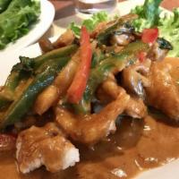 57. Pla Duk Pad Ped · Hot and spicy. Deep-fried catfish filet topped with mushroom, bell pepper and fresh basil in...