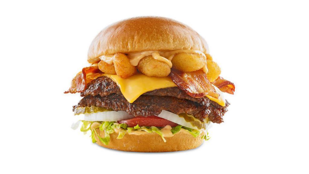 Cheese Curd Bacon Burger · DOUBLE PATTY / HAND-SMASHED / AMERICAN CHEESE / WISCONSIN WHITE CHEDDAR CHEESE CURDS / BACON / SHREDDED ICEBERG LETTUCE / TOMATO / ONION / PICKLES / MAYO / CHIPOTLE BBQ SEASONING / CHALLAH BUN