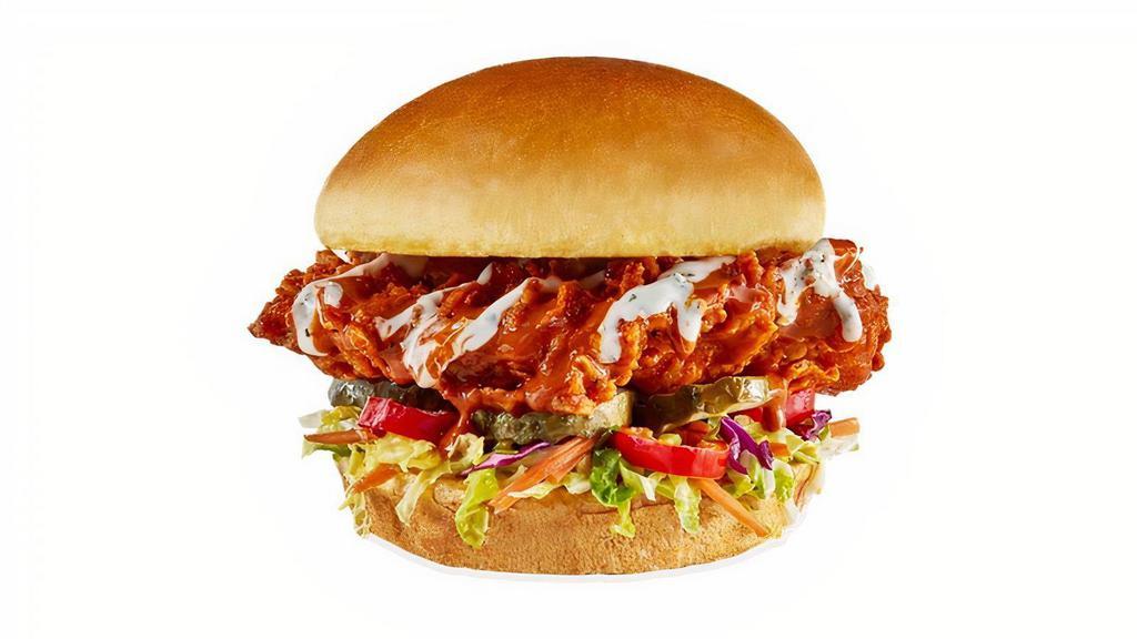Nashville Hot Chicken Sandwich · HAND-BREADED CHICKEN / NASHVILLE HOT SAUCE / SLAW / PICKLED HOT PEPPERS / PICKLES / RANCH / CHALLAH BUN / NATURAL-CUT FRENCH FRIES