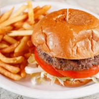 Burger · 1/2 lb burger on brioche bun dressed with pickles, tomato and lettuce with house sauce on th...