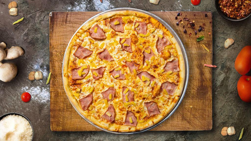 Hey Hey Hawaiian Delight Pizza · Signature red tomato sauce on our original crust, topped with extra mozzarella cheese, Canadian bacon, and juicy pineapple chunks.