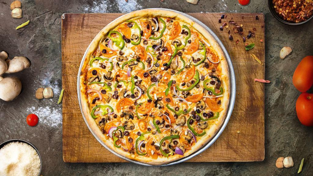 Veggie-Lant Pizza · Signature red tomato sauce on our original crust, topped with mozzarella cheese, mushrooms, red onions, green peppers, black olives, fresh roma tomatoes, salt, and pepper.
