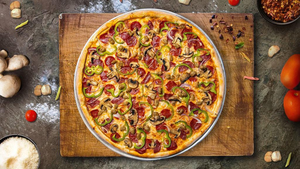 Lovin' & Clovin' Pizza · Signature garlic white sauce on our original crust, topped with mozzarella, Parmesan, and cheddar cheeses, pepperoni, Italian sausage, mushrooms, chopped garlic, green onions, and fresh roma tomatoes.